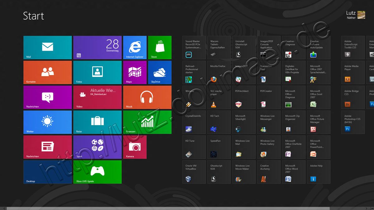 Startmenü Windows 8 Release Preview hier schon mit installierten Programmen